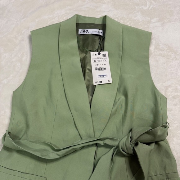 NWT Zara Womens Sage Green Belted Sleeveless Blazer Vest Small - Picture 3 of 12